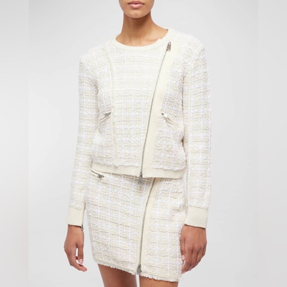 SIMKHAI Alamdea Cream Tweed Asymmetric Zip Boucle Wool Blend Jacket Size Large